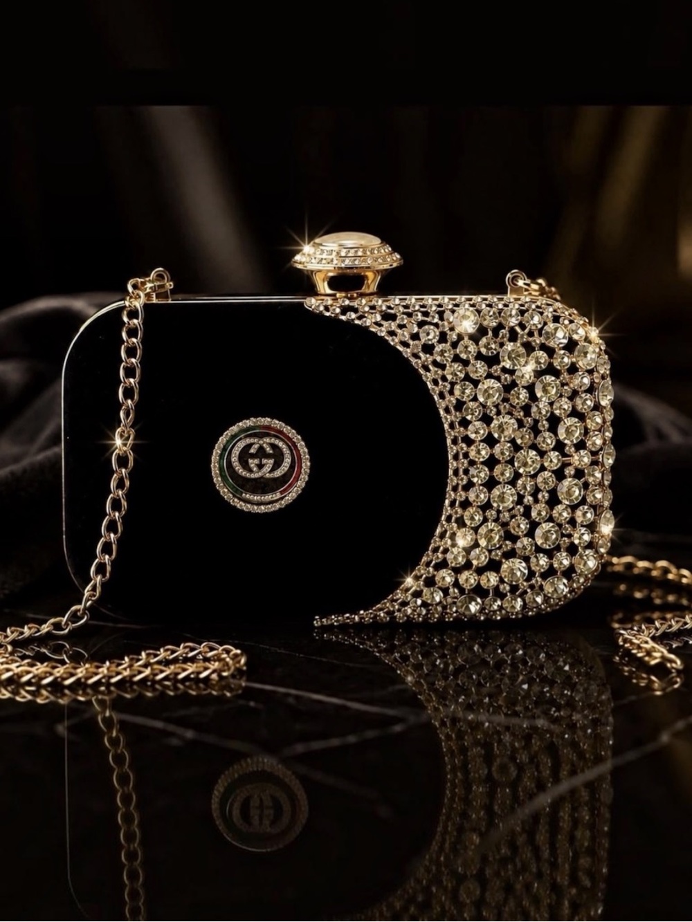 Authentic Luxe & Lattice Black-Gold Swarovski Crystal Embellished Evening Bag